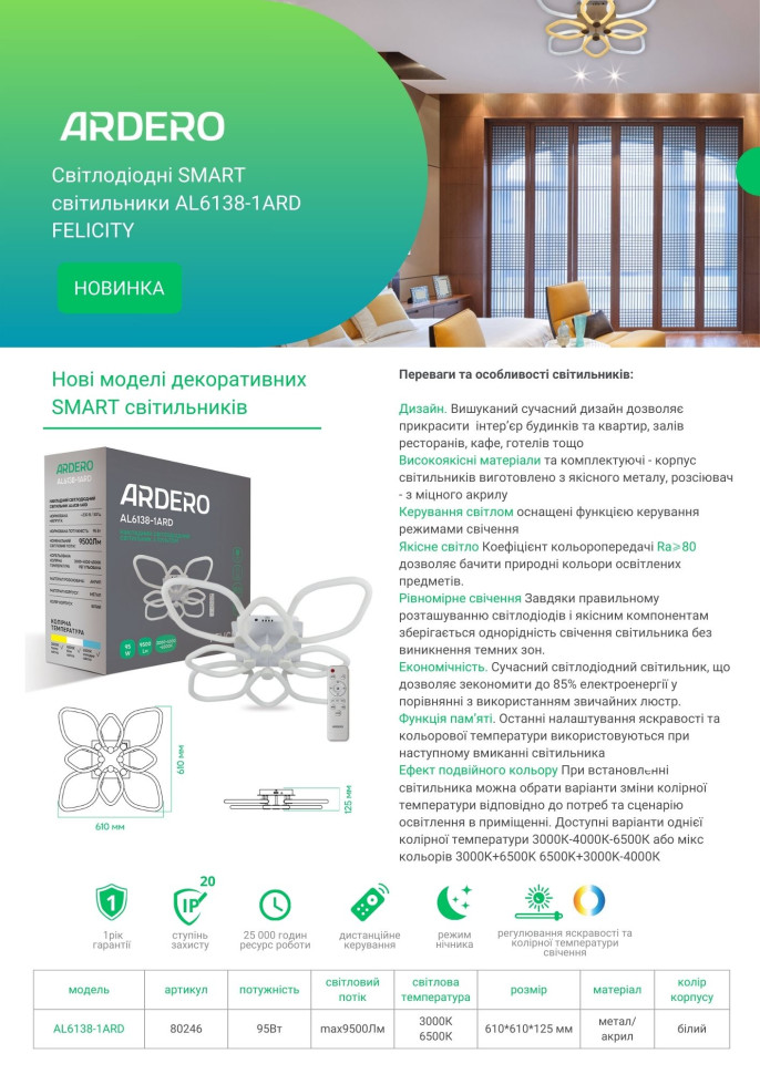 Світлодіодний SMART світильник Ardero AL6138-1ARD FELICITY 95w