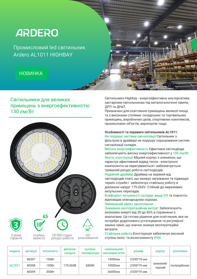Промисловий світлодіодний світильник Ardero AL1011 200 Вт 6500K