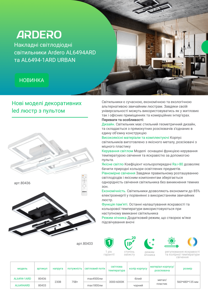 Светодиодный светильник Ardero AL6494-1ARD URBAN W 75Вт белый