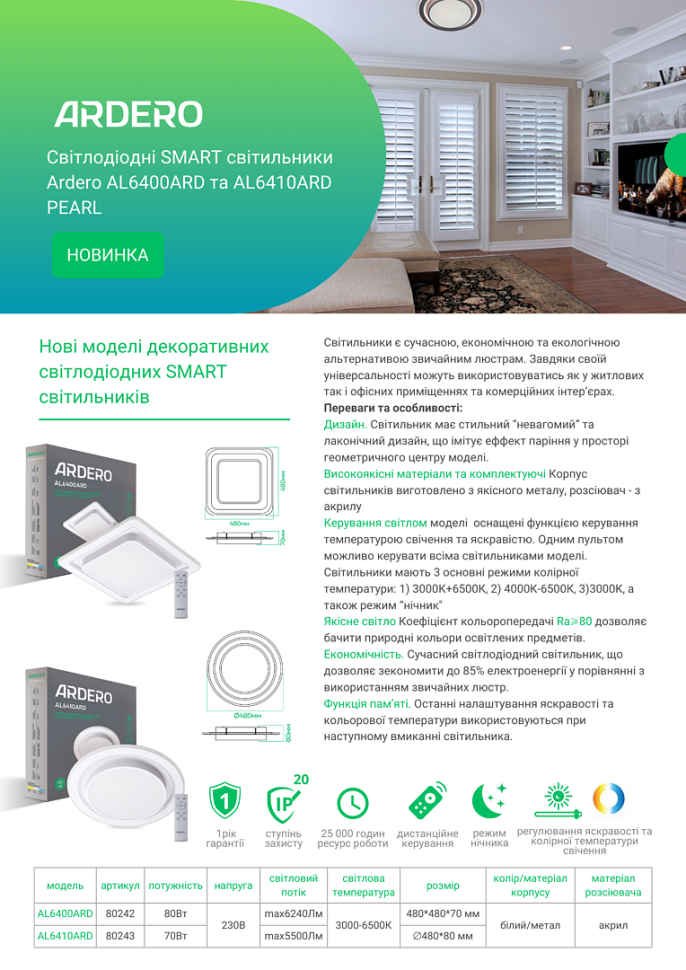 Світлодіодний світильник Ardero AL6410ARD 70W PEARL R