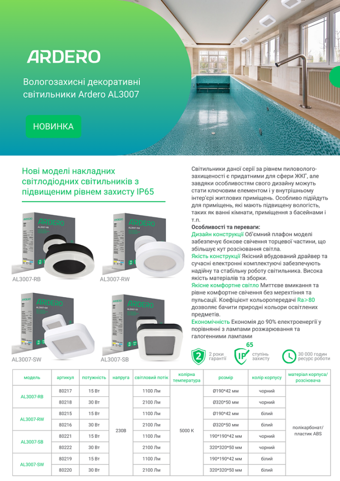 Світлодіодний світильник Ardero AL3007-SW 30W 5000К IP65 білий